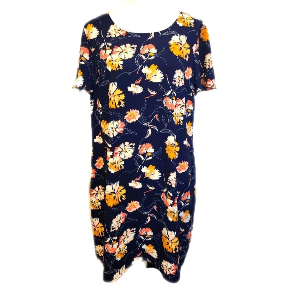 5/$55 Maurice's polyester t-shirt dress, navy blue w/ pink & yellow flowers - L